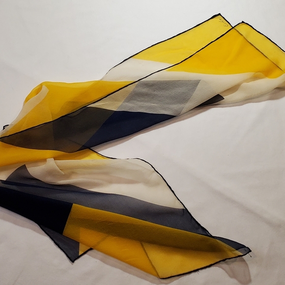 Semi-transparent White Navy and Yellow Chevron Print Vintage Silk Scarf - Picture 15 of 15